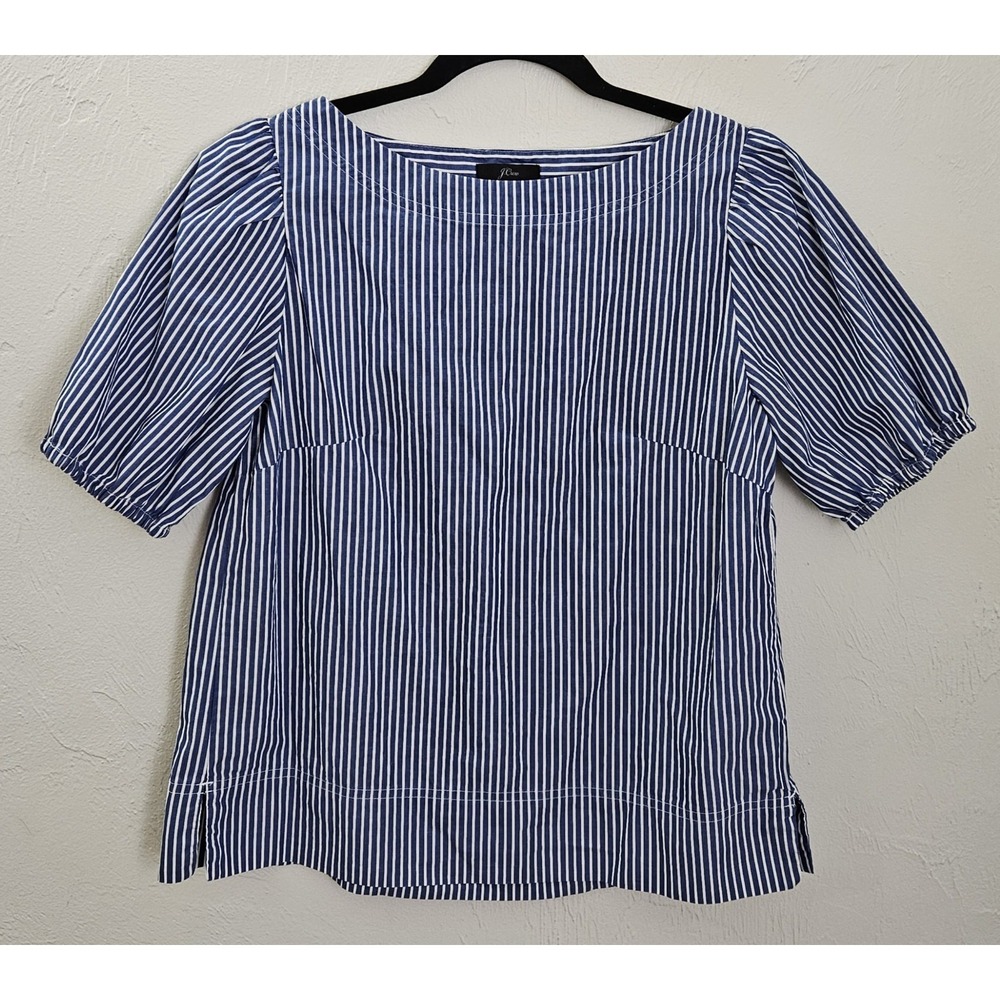 J. Crew Factory Navy and White Striped Puff Sleeve Blouse